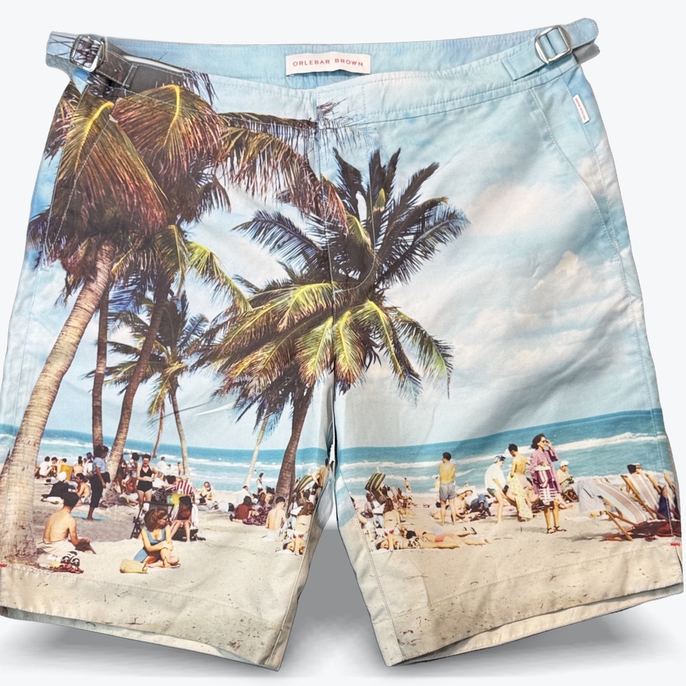 Orlebar Brown Dane II Beach Scene Print Swim Shorts Mens 30 Blue Tailored Trunks